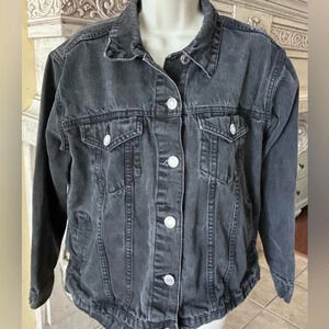 Garage Denim Faded Stone Wash Black Denim Blue Jean Jacket Size Medium